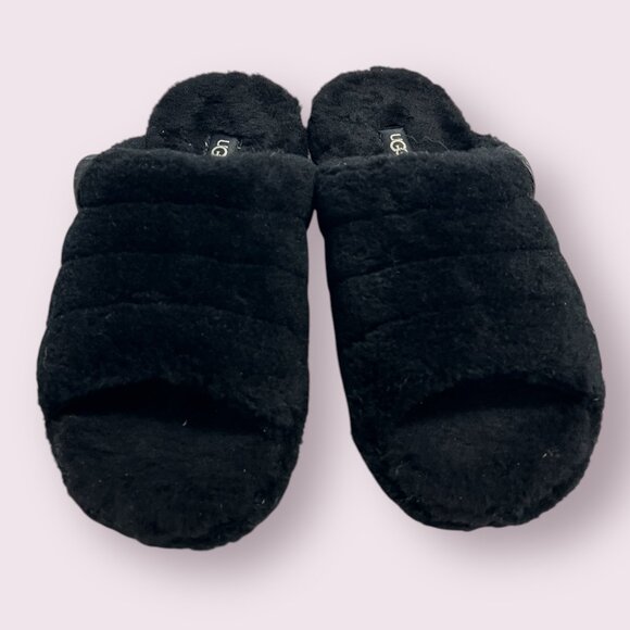 UGG Men’s Fluff Slippers Black Size 8 – Cozy Plush Open-Toe House Shoes - Picture 1 of 8
